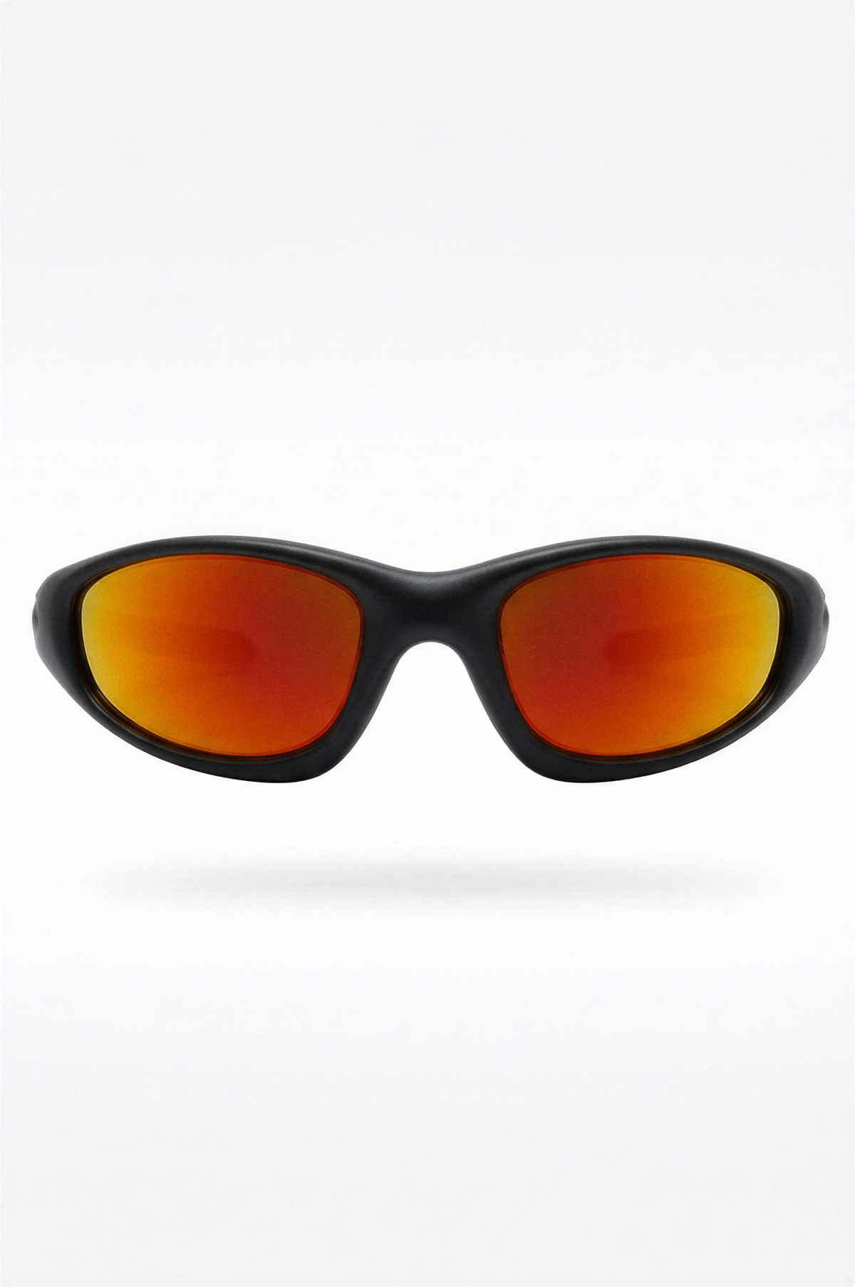 Black sunglasses with orange-tinted lenses on a white background