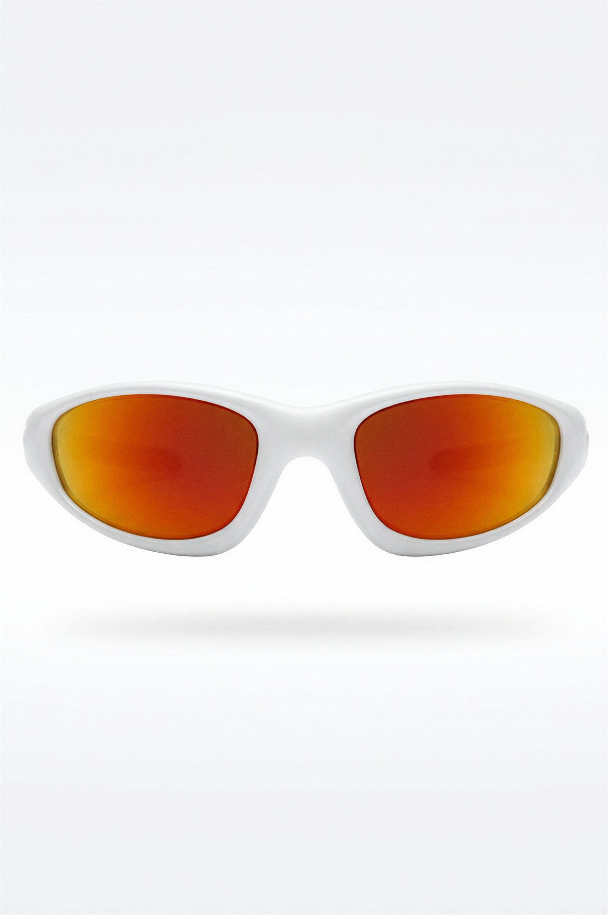 White sunglasses with red-tinted lenses on a white background