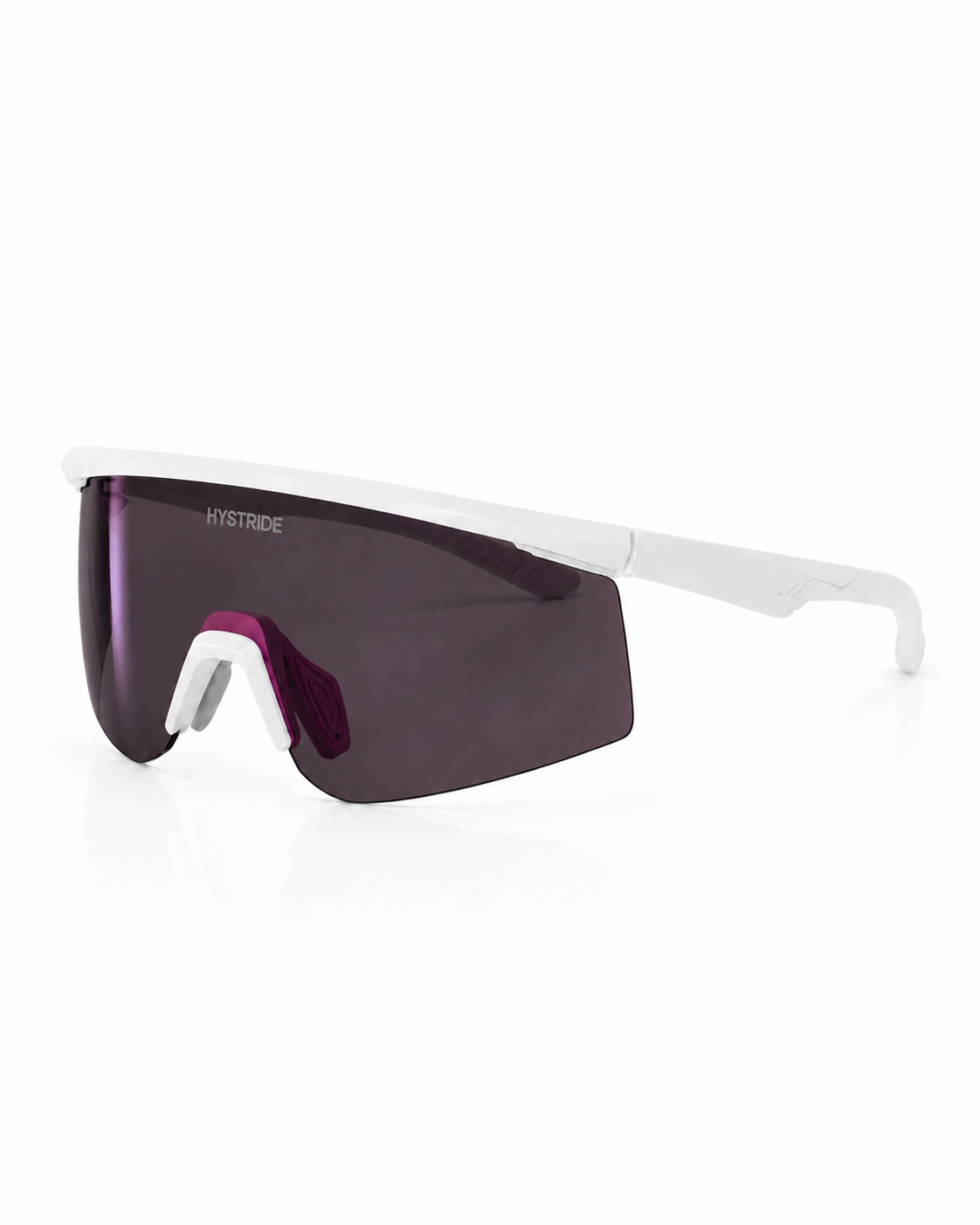 Hystride shield sunglasses with a white frame and dark purple tinted lenses, shown on a clean white background.